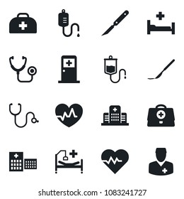 Set of vector isolated black icon - medical room vector, heart pulse, doctor case, stethoscope, dropper, scalpel, hospital bed