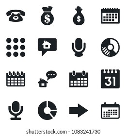 Set of vector isolated black icon - right arrow vector, calendar, circle chart, microphone, menu, phone, home message, money bag