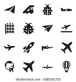Set of vector isolated black icon - plane vector, departure, ladder car, boarding, seat map, globe, lady bug, rocket, paper, air balloon