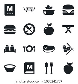 Set of vector isolated black icon - spoon and fork vector, picnic table, cafe, menu, salad, salt pepper, steak, hamburger, bowl, sushi, apple fruit