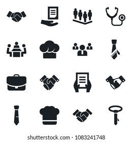 Set of vector isolated black icon - handshake vector, team, document, stethoscope, meeting, tie, cook hat, case