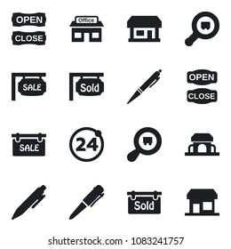 Set of vector isolated black icon - 24 around vector, pen, store, search cargo, sale, sold signboard, cafe building, open close, storefront