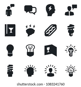 Set of vector isolated black icon - speaking man vector, brainstorm, bulb, dialog, wine card, hot dog, energy saving, shining head, idea