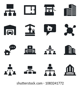 Set of vector isolated black icon - hierarchy vector, well, molecule, hospital, office building, garage, plan, home message