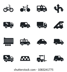Set of vector isolated black icon - taxi vector, fork loader, ladder car, ambulance, bike, route, truck trailer, delivery, moving