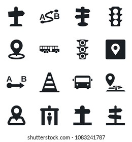 Set of vector isolated black icon - airport bus vector, security gate, border cone, signpost, navigation, traffic light, route, place tag, guidepost