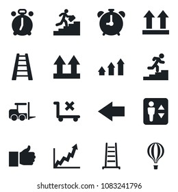 Set of vector isolated black icon - elevator vector, alarm clock, left arrow, fork loader, ladder, up side sign, no trolley, finger, career, graph, growth, air balloon