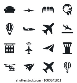 Set of vector isolated black icon - plane vector, airport tower, radar, arrival, waiting area, helicopter, flight table, globe, paper, air balloon
