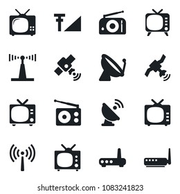Set of vector isolated black icon - antenna vector, satellite, tv, radio, cellular signal, router