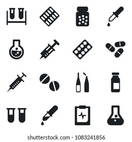 Set of vector isolated black icon - syringe vector, blood test vial, dropper, pills, bottle, blister, ampoule, pulse clipboard, flask