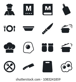 Set of vector isolated black icon - cook vector, cafe, hat, menu, salt and pepper, bowl, cutting board, knife, steaming pan, omelette