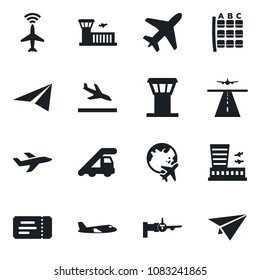 Set of vector isolated black icon - plane vector, airport tower, runway, radar, arrival, ticket, ladder car, boarding, seat map, globe, building, paper