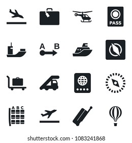 Set of vector isolated black icon - suitcase vector, departure, arrival, baggage trolley, passport, ladder car, helicopter, seat map, sea shipping, route, compass, air balloon