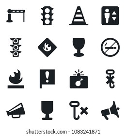 Set of vector isolated black icon - barrier vector, elevator, no smoking, bomb in case, border cone, important flag, traffic light, fragile, hook, flammable, loudspeaker