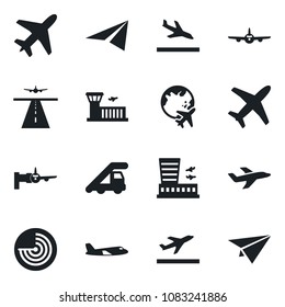 Set of vector isolated black icon - plane vector, runway, departure, arrival, ladder car, radar, boarding, globe, airport building, paper