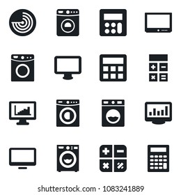 Set of vector isolated black icon - washer vector, radar, calculator, tv, monitor, statistics