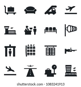 Set of vector isolated black icon - runway vector, departure, arrival, baggage trolley, passport control, security gate, waiting area, ladder car, wind, boarding, seat map, flight table