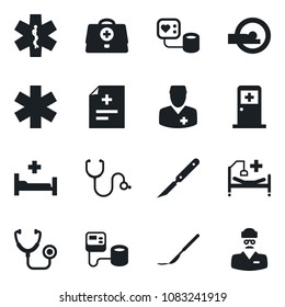 Set of vector isolated black icon - medical room vector, doctor case, diagnosis, stethoscope, blood pressure, scalpel, tomography, ambulance star, hospital bed