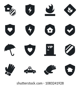 Set of vector isolated black icon - umbrella vector, alarm car, glove, heart shield, flammable, protect, estate insurance, vip zone, home