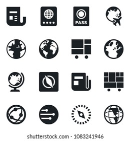 Set of vector isolated black icon - passport vector, globe, plane, earth, consolidated cargo, news, network, compass