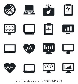Set of vector isolated black icon - bomb in case vector, radar, notebook pc, statistic monitor, heart pulse, clipboard, tv, statistics