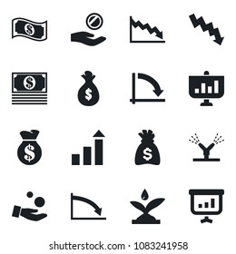 Set of vector isolated black icon - growth statistic vector, money bag, crisis graph, irrigation, investment, cash, presentation