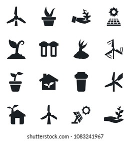 Set of vector isolated black icon - seedling vector, sproute, sun panel, windmill, eco house, water filter, palm