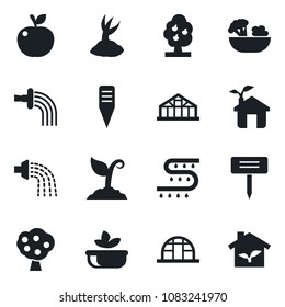 Set of vector isolated black icon - watering vector, sproute, plant label, greenhouse, drip irrigation, fruit tree, salad, apple, eco house