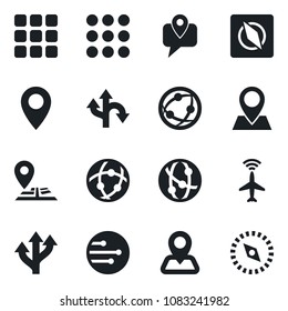 Set of vector isolated black icon - plane radar vector, route, navigation, pin, mobile tracking, network, menu, compass