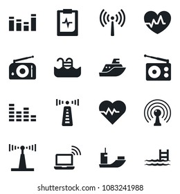 Set of vector isolated black icon - antenna vector, wireless notebook, heart pulse, clipboard, sea shipping, radio, equalizer, pool