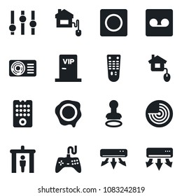 Set of vector isolated black icon - security gate vector, stamp, radar, gamepad, settings, remote control, record, air conditioner, vip zone, home
