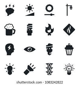 Set of vector isolated black icon - brainstorm vector, fire, garden light, eye, traffic, torch, brightness, beer, smoke detector, bulb, energy saving, outdoor lamp, idea