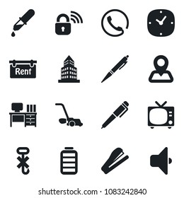 Set of vector isolated black icon - tv vector, desk, lawn mower, dropper, navigation, no hook, battery, clock, office building, pen, stapler, rent, phone, wireless lock, sound