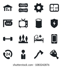 Set of vector isolated black icon - tv vector, mobile phone, pedestal, axe, barbell, hospital bed, 24 hours, oil barrel, protect, settings, warehouse, plan, sale, waiter, open close, ham