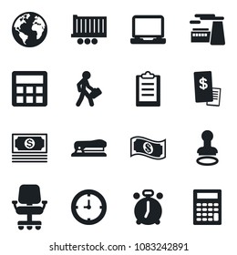 Set of vector isolated black icon - alarm clock vector, stamp, factory, earth, cash, truck trailer, laptop pc, calculator, clipboard, manager, stapler, restaurant receipt, office chair