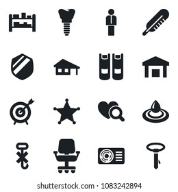 Set of vector isolated black icon - manager vector, book, thermometer, heart diagnostic, implant, no hook, warehouse, shield, rack, house with garage, air conditioner, water, police, target, tie