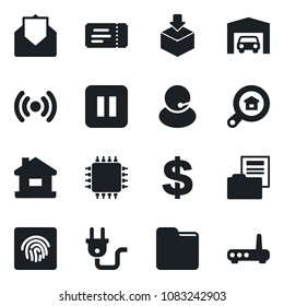 Set of vector isolated black icon - ticket vector, dollar sign, support, package, mail, pause button, folder, fingerprint id, document, house, garage, estate search, chip, power plug, wireless