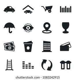 Set of vector isolated black icon - coffee vector, ladder, wheelbarrow, cash, car delivery, fragile, umbrella, barcode, equalizer, update, place tag, eye id, garage, city house, credit card