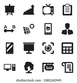 Set of vector isolated black icon - tv vector, mobile phone, growth statistic, presentation board, tree, client, route, calculator, eye id, clipboard, sun panel, sold signboard, pc, home control app