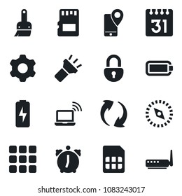 Set of vector isolated black icon - wireless notebook vector, mobile tracking, menu, update, settings, themes, alarm, sd, sim, calendar, torch, compass, lock, battery, charge, router