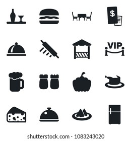Set of vector isolated black icon - pumpkin vector, dish, alcohol, serviette, beer, salt and pepper, cafe table, vip zone, alcove, restaurant receipt, chicken, hamburger, rolling pin, cheese, fridge