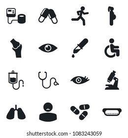 Set of vector isolated black icon - stethoscope vector, blood pressure, dropper, microscope, pills, run, disabled, lungs, eye, joint, patient, pregnancy, hot dog