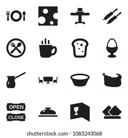 Set of vector isolated black icon - restaurant table vector, cafe, wine card, reception, coffee, egg stand, bread, open close, chicken, kebab, bowl, turkish, cheese, serviette