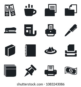 Set of vector isolated black icon - office binder vector, pen, coffee, printer, folder document, news, copybook, drawing pin, blank box, paper tray, stapler, serviette, cash