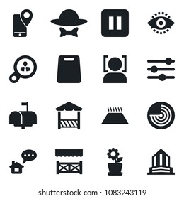Set of vector isolated black icon - radar vector, mobile tracking, pause button, tuning, face id, eye, flower in pot, mailbox, dress code, alcove, cutting board, warm floor, home message