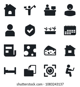 Set of vector isolated black icon - dispatcher vector, manager place, house, seedling, patient, term, folder document, shield, user, news, bedroom, cheese, eye scan, man with notebook