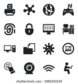 Set of vector isolated black icon - no laptop vector, lock, desk, printer, monitor pulse, virus, folder document, gamepad, network, touch screen, share, wireless, web camera, pc, fingerprint