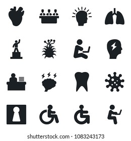 Set of vector isolated black icon - female vector, disabled, pedestal, brainstorm, lungs, real heart, tooth, virus, manager desk, meeting, shining head, man with notebook