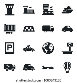 Set of vector isolated black icon - airport tower vector, taxi, parking, alarm car, plane, building, earth, sea shipping, truck trailer, delivery, heavy scales, moving, air balloon