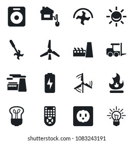 Set of vector isolated black icon - fork loader vector, factory, ripper, fire, remote control, speaker, charge, windmill, home, socket, bulb, alarm led, idea